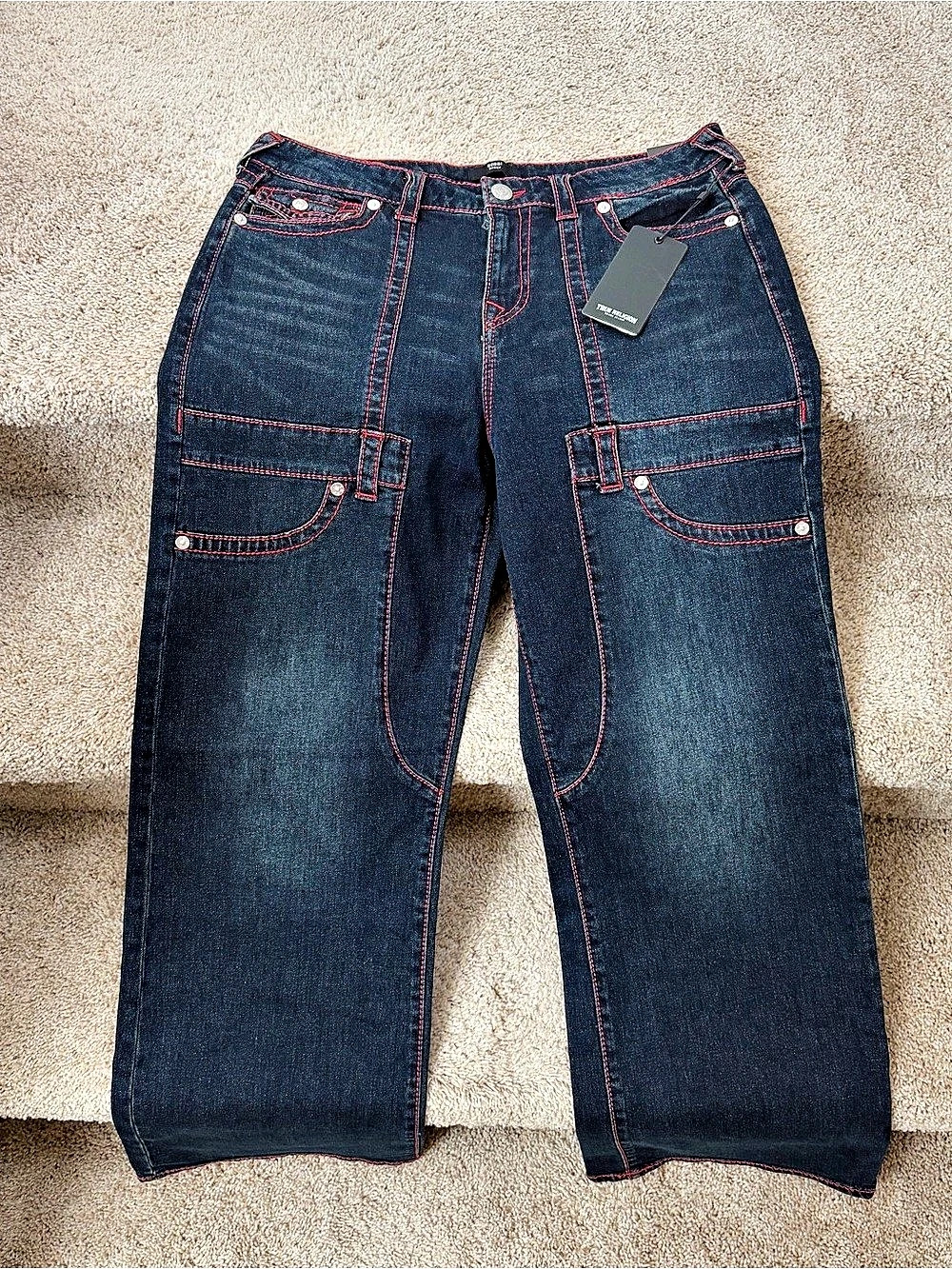 True Religion Bobby Baggy Carpenter Jeans Blue & Red Waist 30 NWT
